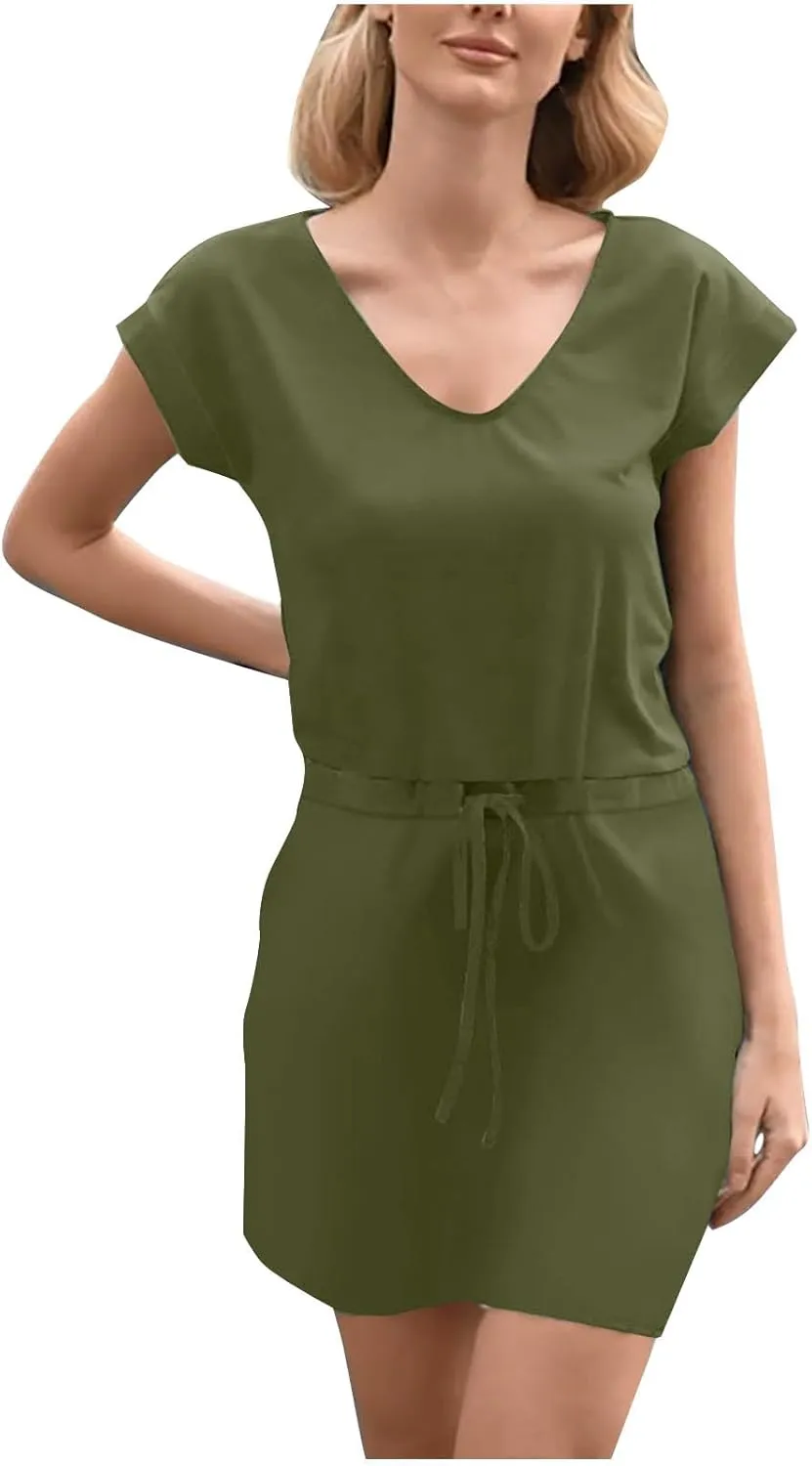 hlysgo Womens Summer Dress 2025 Trendy Short Sleeve V Neck Casual Dresses Drawstring Waist A-Line Mini Dress with Pockets