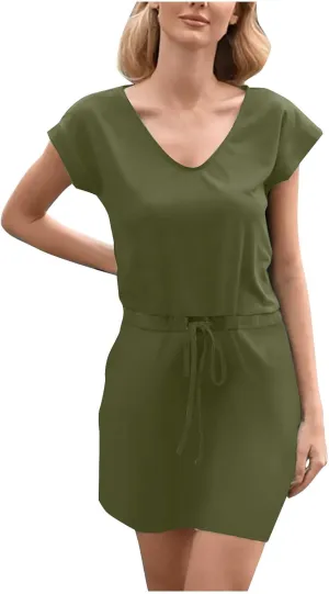 hlysgo Womens Summer Dress 2025 Trendy Short Sleeve V Neck Casual Dresses Drawstring Waist A-Line Mini Dress with Pockets