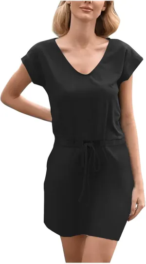 hlysgo Womens Summer Dress 2025 Trendy Short Sleeve V Neck Casual Dresses Drawstring Waist A-Line Mini Dress with Pockets