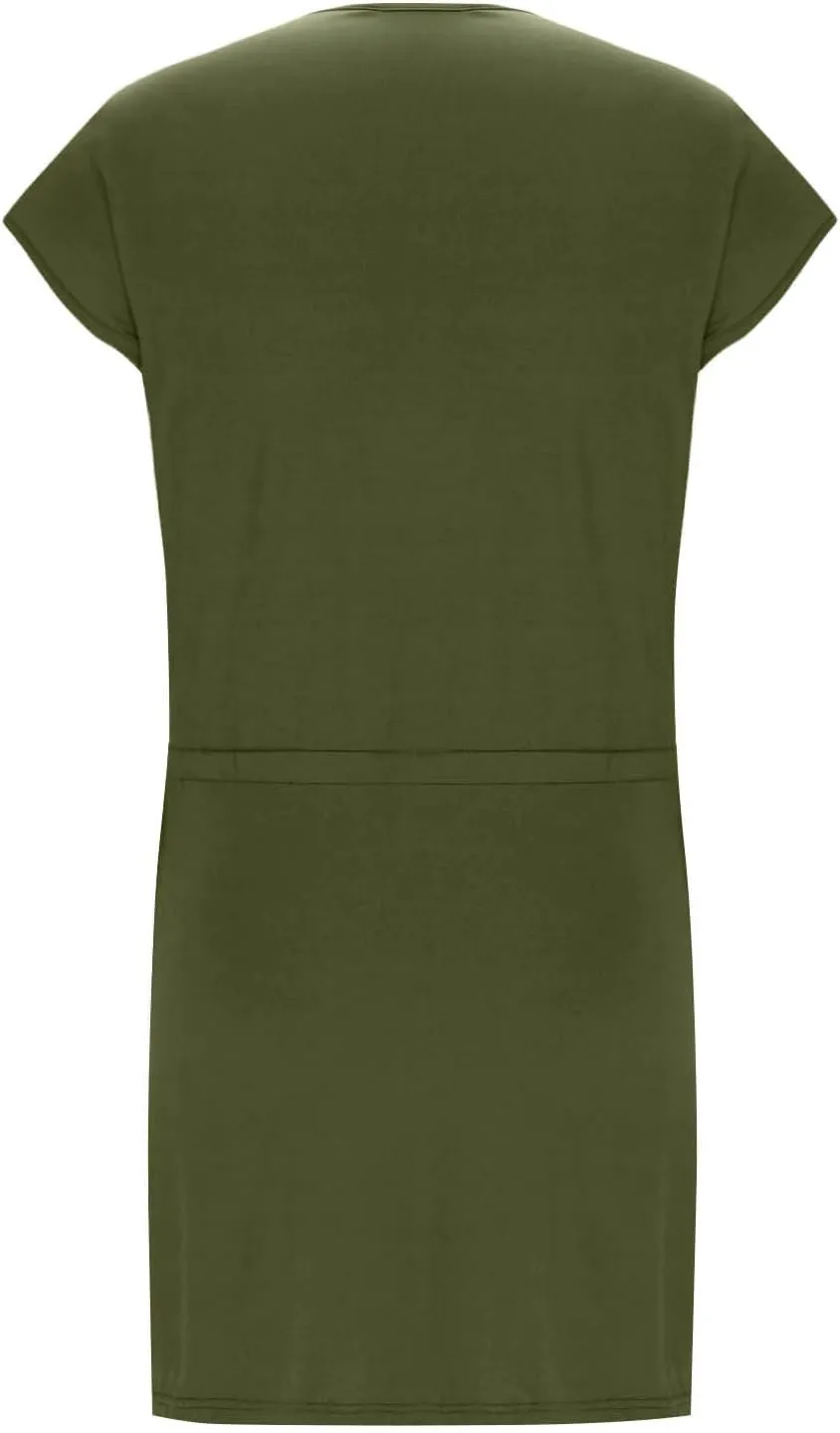 hlysgo Womens Summer Dress 2025 Trendy Short Sleeve V Neck Casual Dresses Drawstring Waist A-Line Mini Dress with Pockets