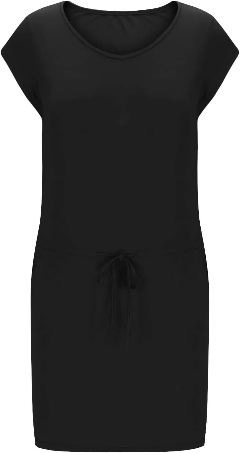 hlysgo Womens Summer Dress 2025 Trendy Short Sleeve V Neck Casual Dresses Drawstring Waist A-Line Mini Dress with Pockets