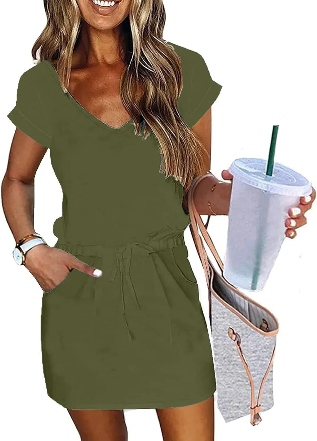 hlysgo Womens Summer Dress 2025 Trendy Short Sleeve V Neck Casual Dresses Drawstring Waist A-Line Mini Dress with Pockets