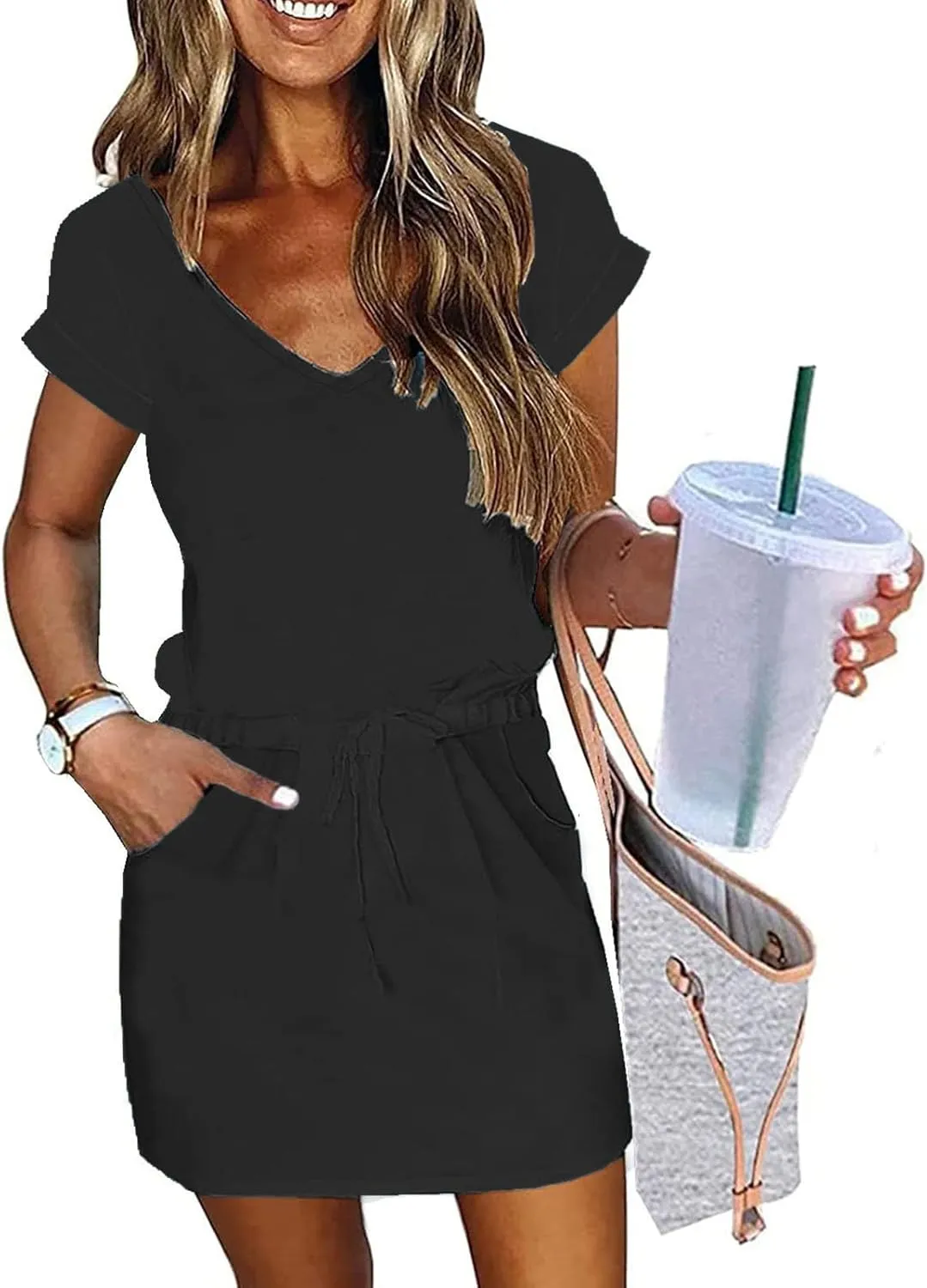 hlysgo Womens Summer Dress 2025 Trendy Short Sleeve V Neck Casual Dresses Drawstring Waist A-Line Mini Dress with Pockets