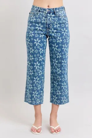 HW Flower Print Wide Leg Crop Jeans