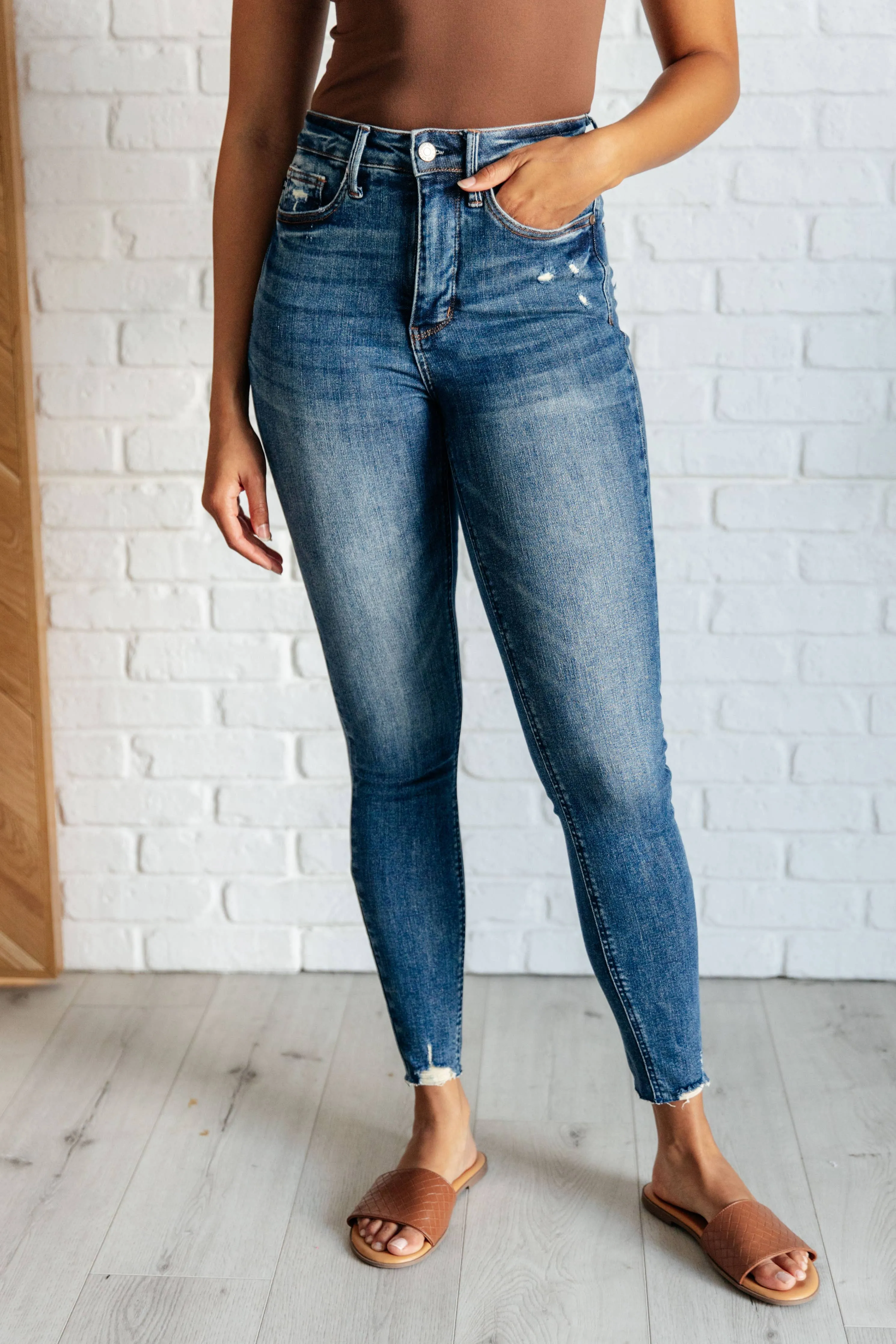 Judy Blue High Rise Control Top Distressed Hem Skinny Jeans: 3/26