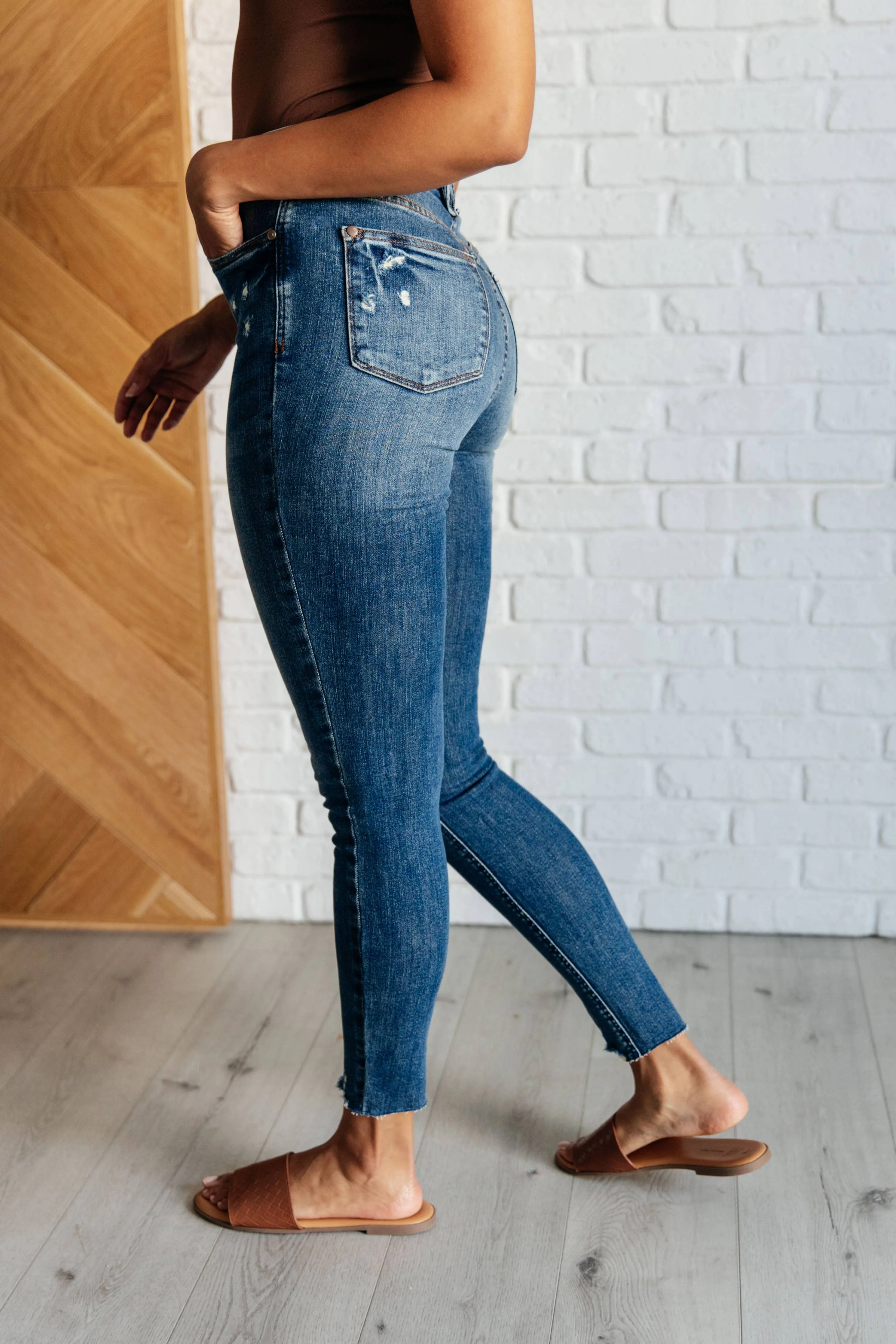 Judy Blue High Rise Control Top Distressed Hem Skinny Jeans: 3/26