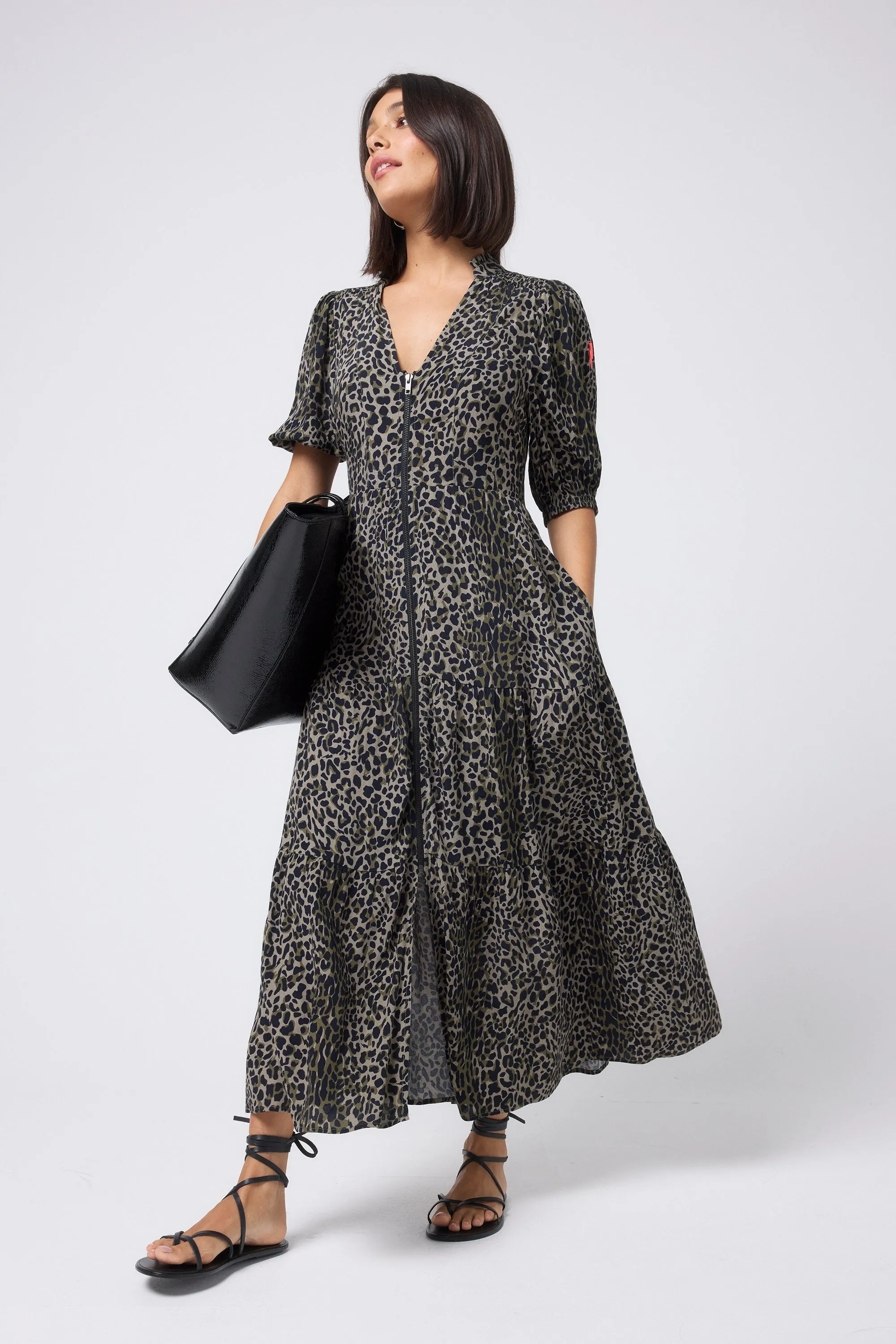 Khaki with Black Wild Leopard Zip Detail Tiered Midi Dress