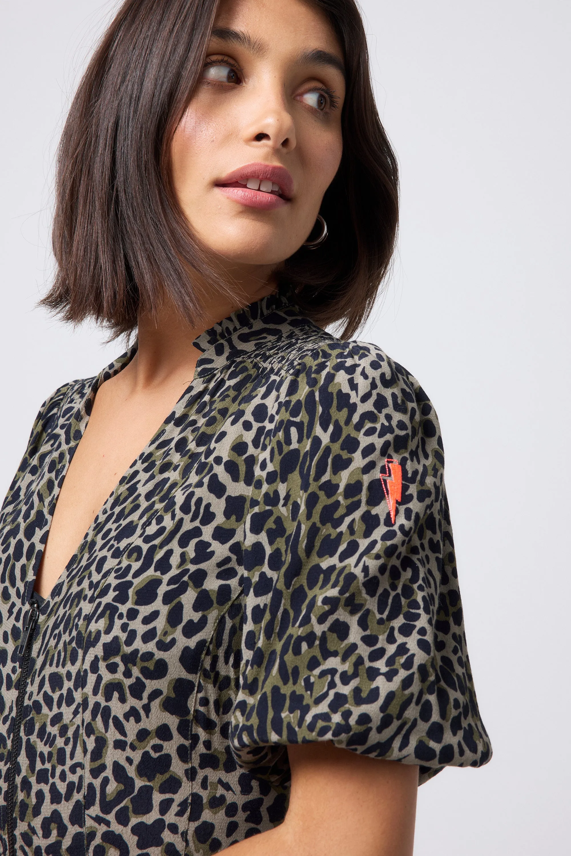 Khaki with Black Wild Leopard Zip Detail Tiered Midi Dress