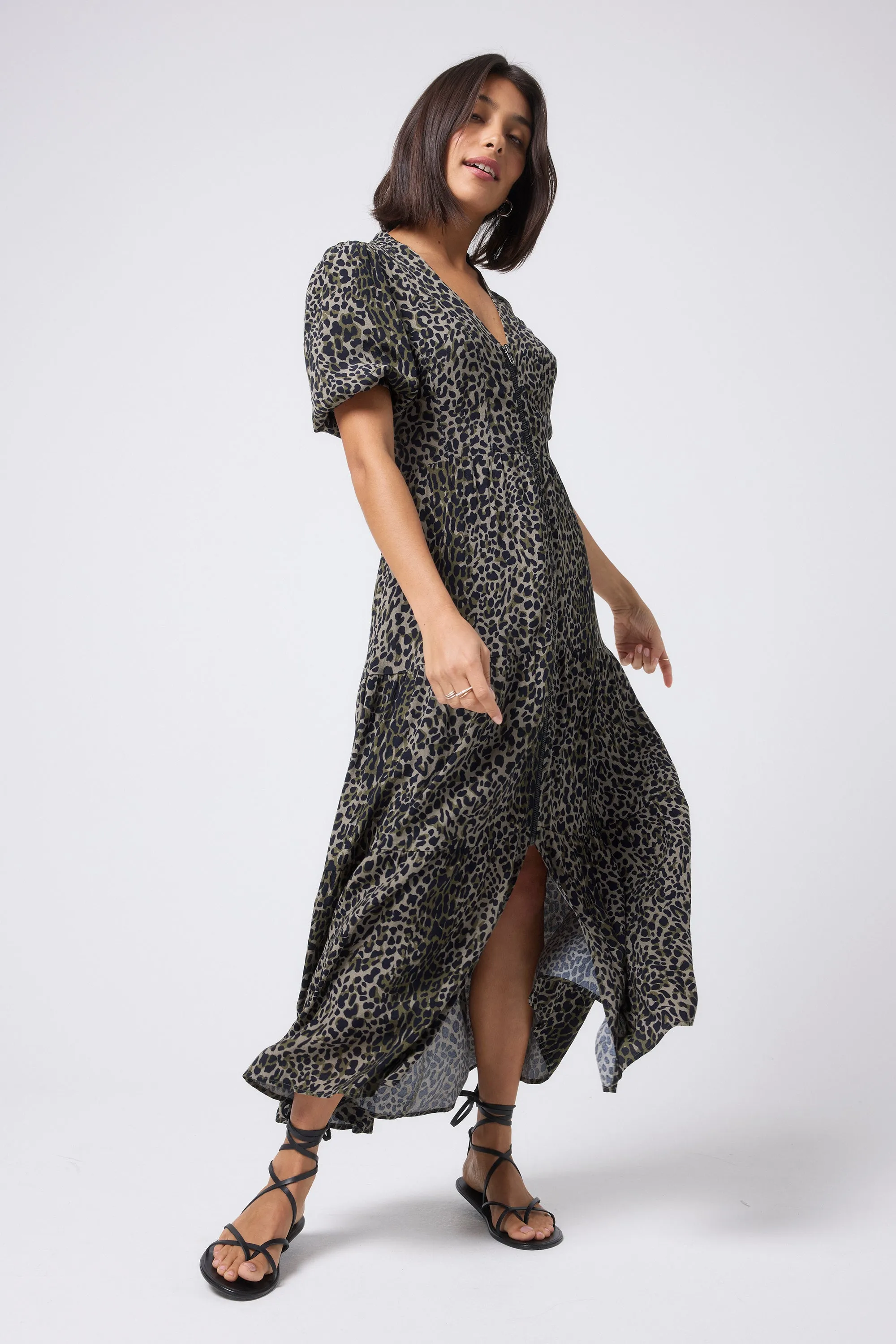 Khaki with Black Wild Leopard Zip Detail Tiered Midi Dress