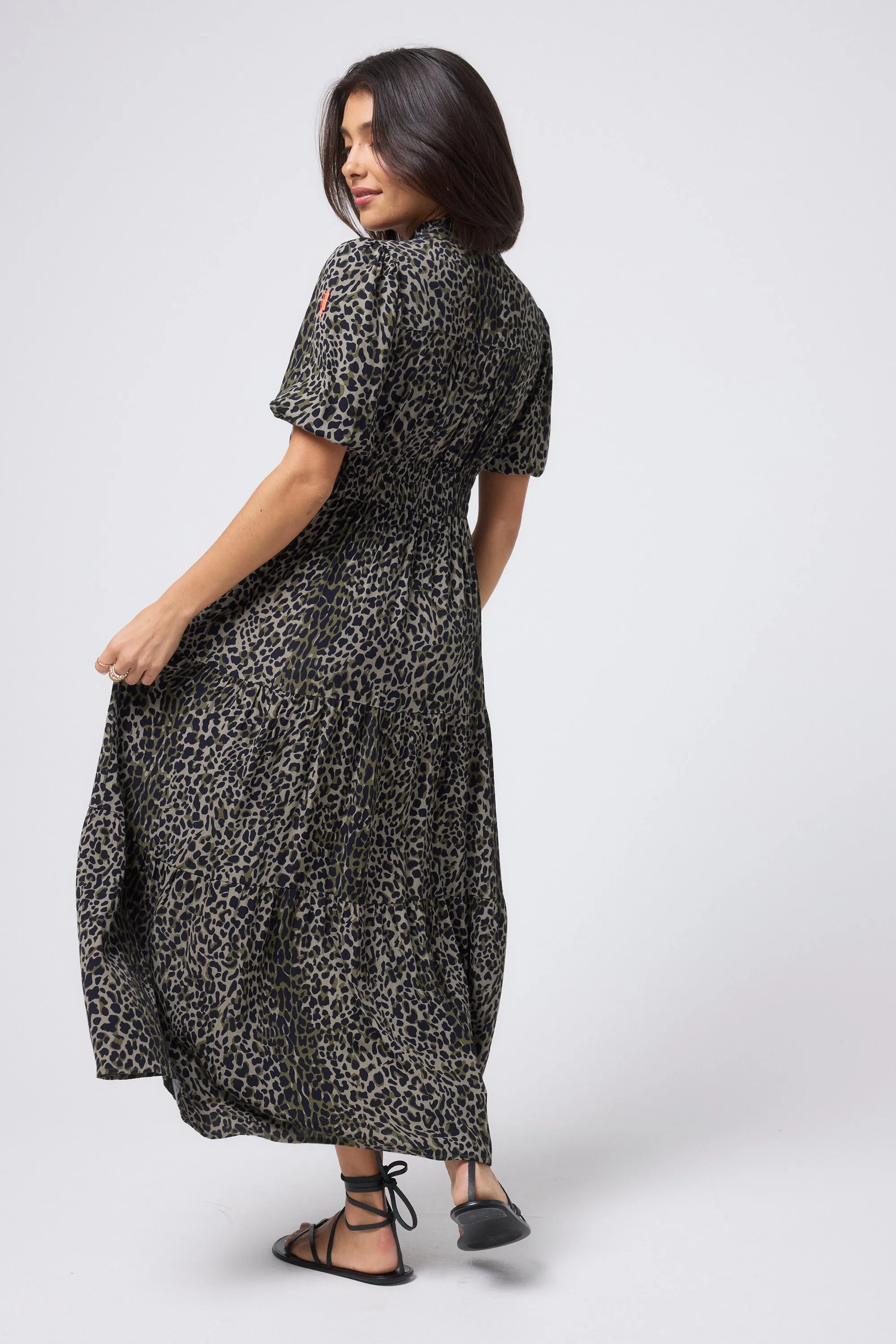 Khaki with Black Wild Leopard Zip Detail Tiered Midi Dress