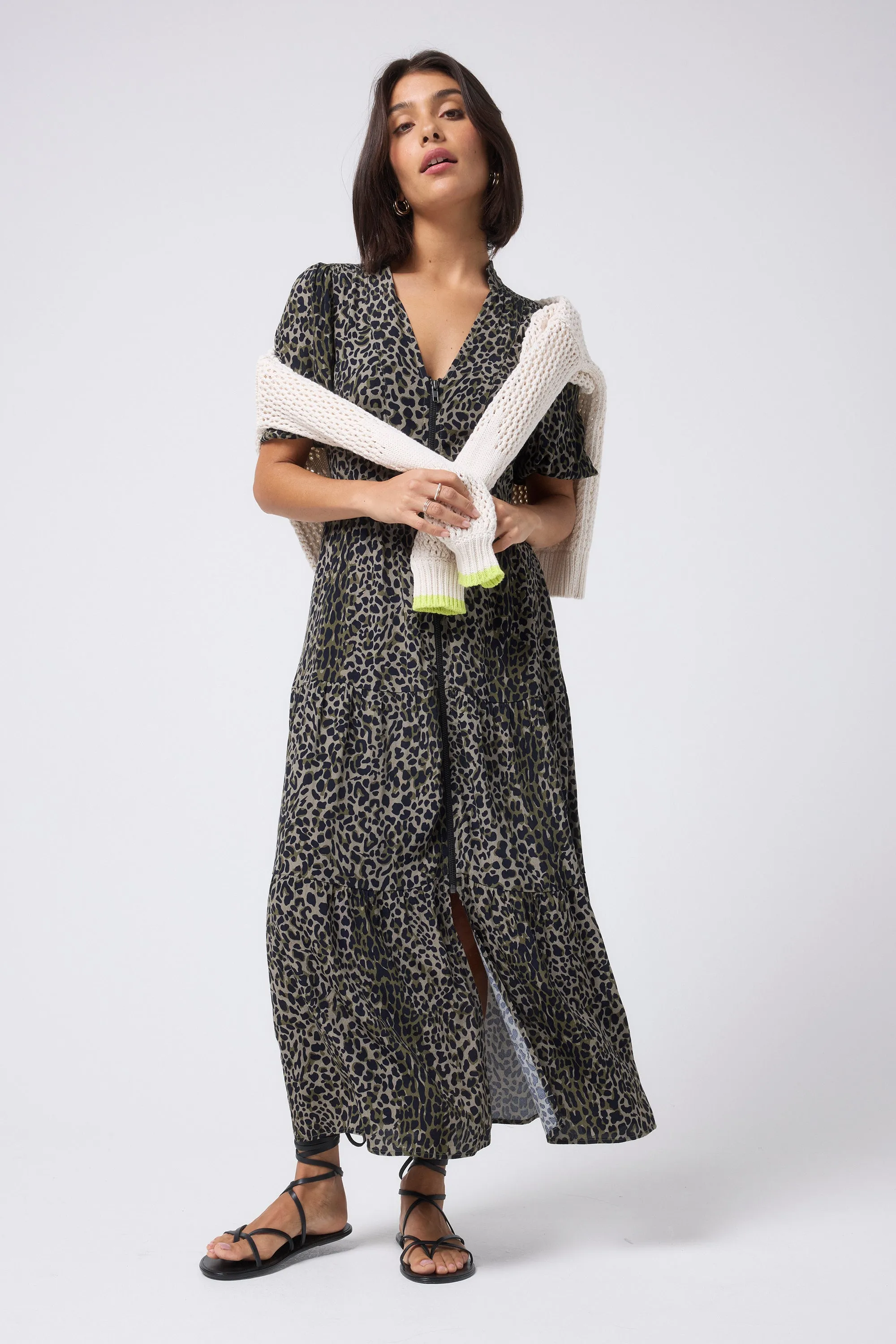 Khaki with Black Wild Leopard Zip Detail Tiered Midi Dress