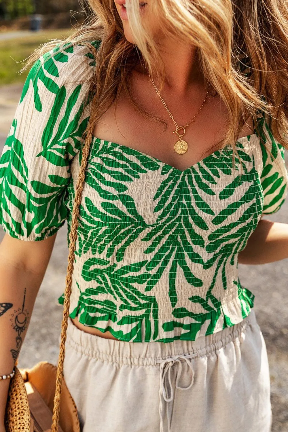Leaf Print Sweetheart Neck Smocked Blouse