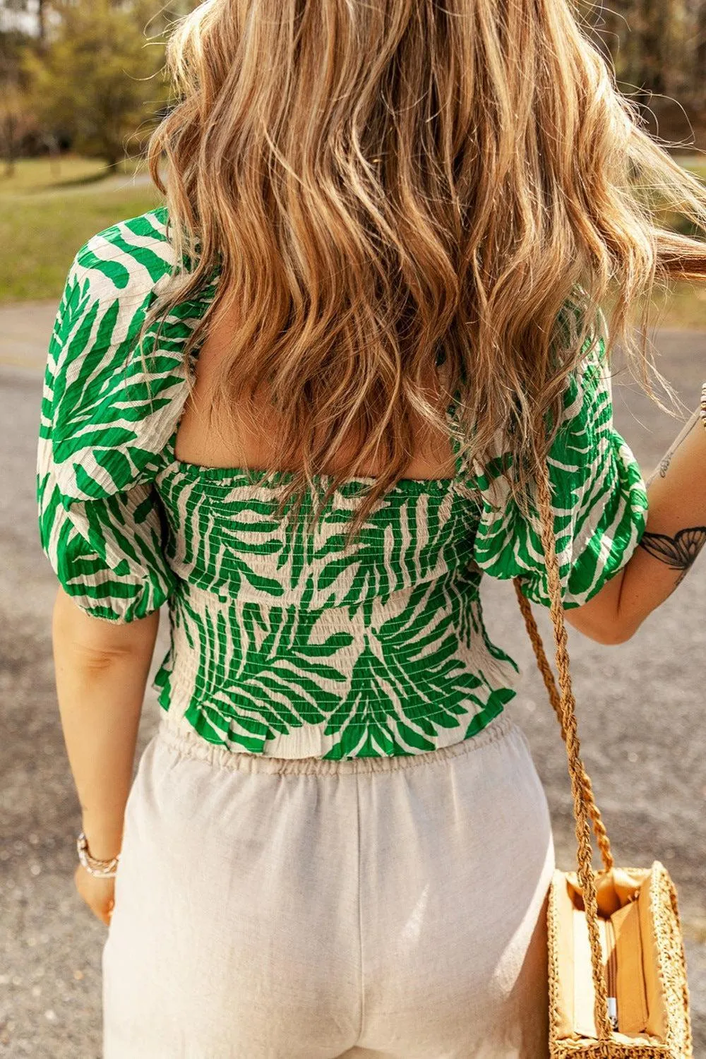 Leaf Print Sweetheart Neck Smocked Blouse