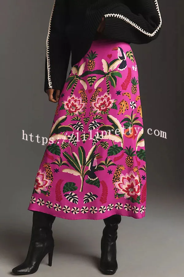 Lilipretty Creative Tropical Rainforest Unique Print High Rise Midi Skirt
