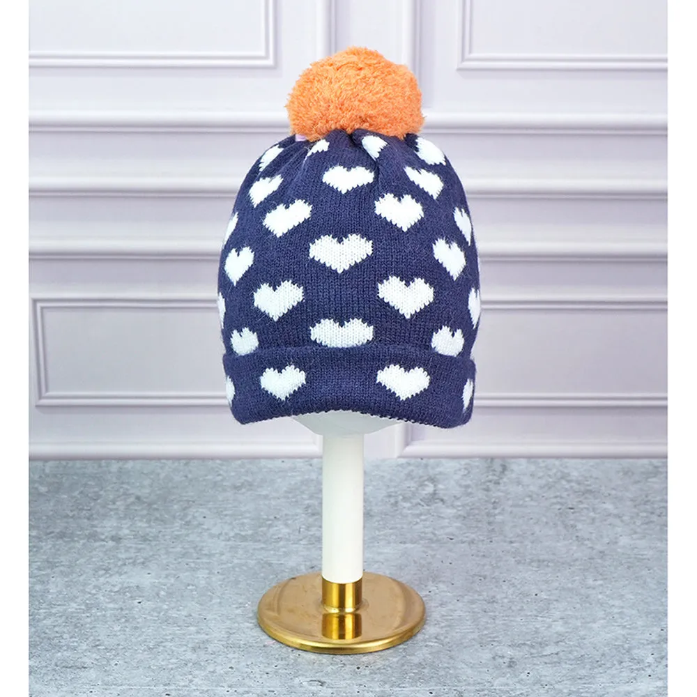 Little Surpise Box 3Pcs Navy & Orange Fox Matching Beanie Winter Cap Mufflers And Gloves Set
