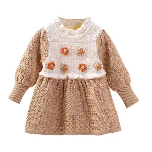 Little Surprise Box Brown & Cream Front Floral Jacket Patterned Knitted Frock Winterwear For Girls