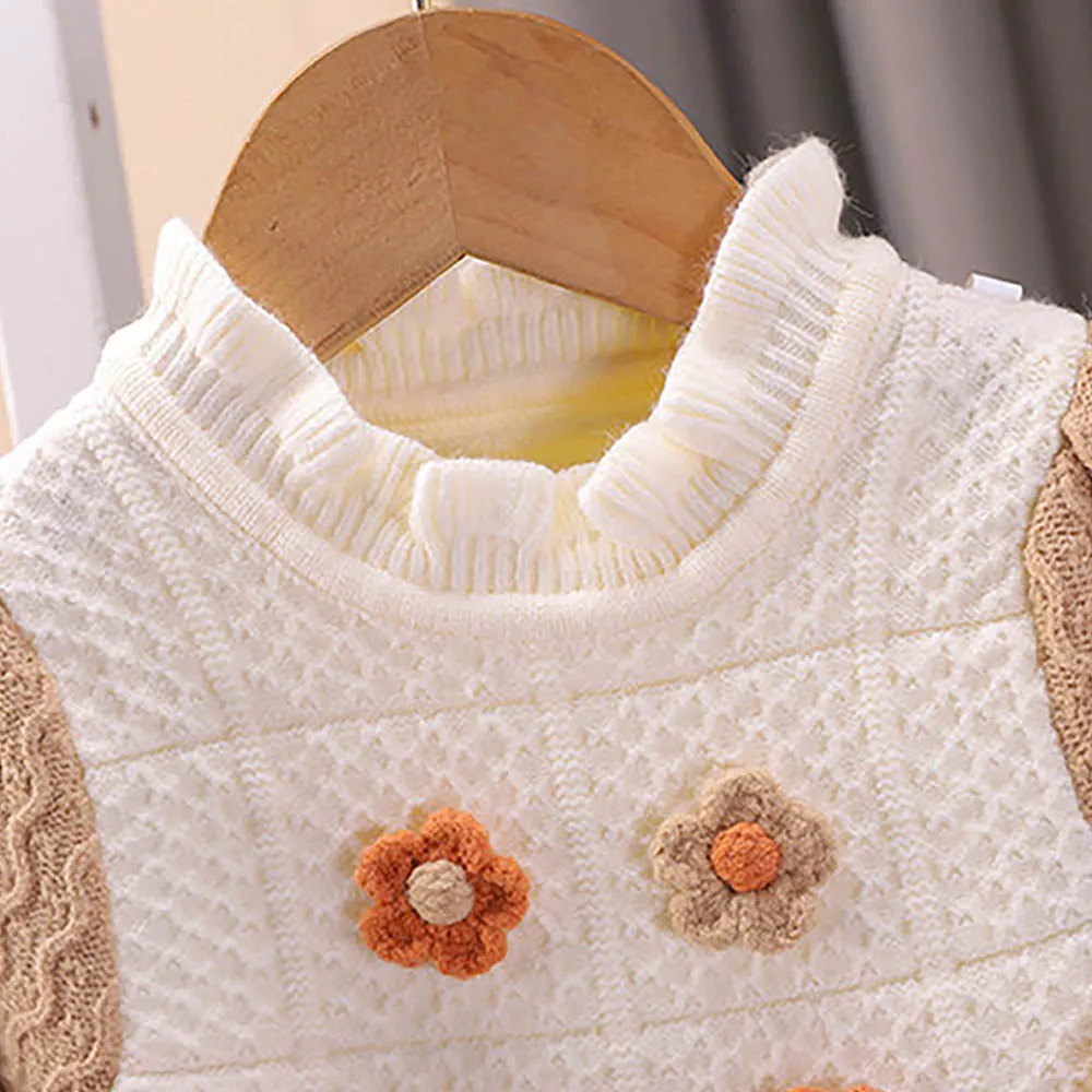 Little Surprise Box Brown & Cream Front Floral Jacket Patterned Knitted Frock Winterwear For Girls