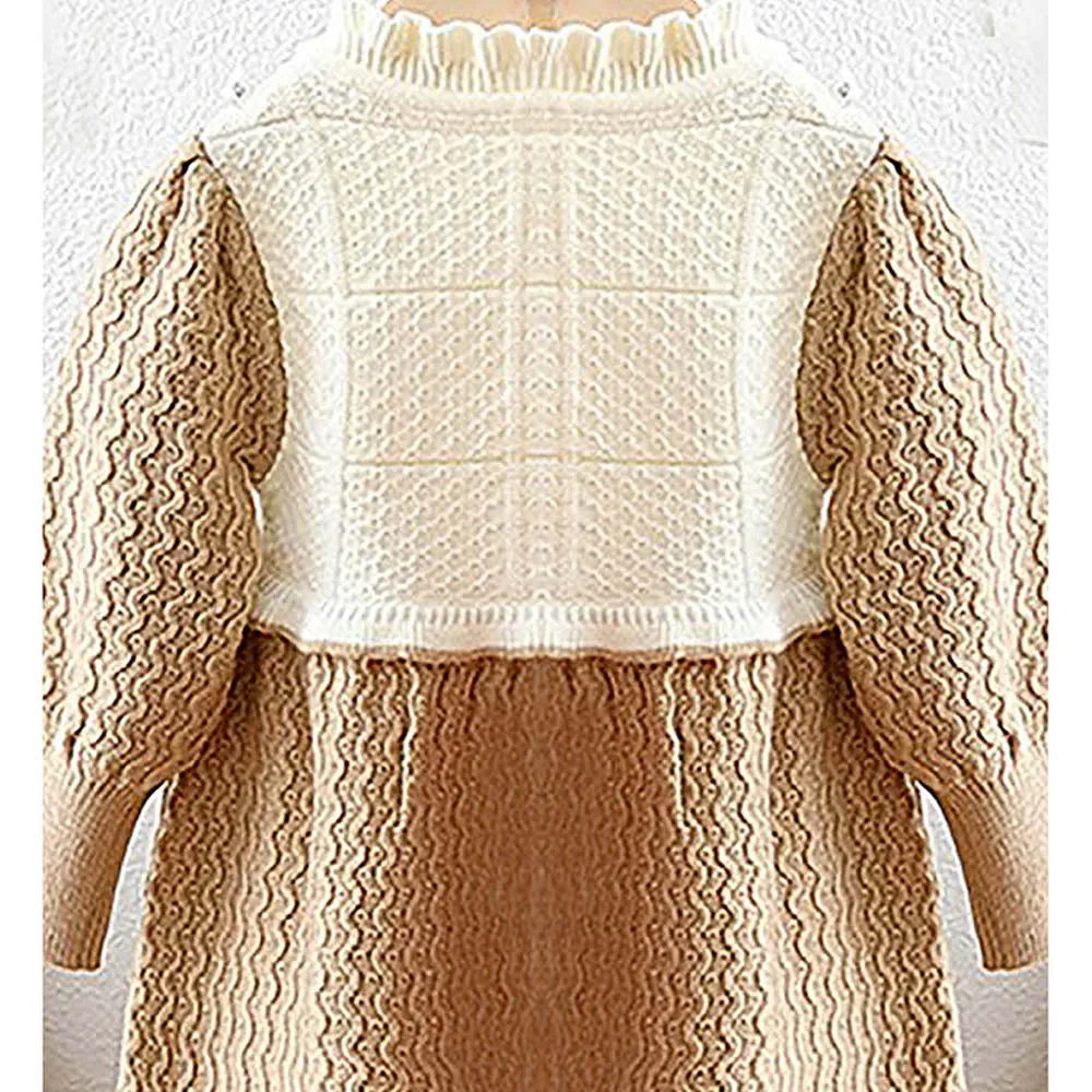 Little Surprise Box Brown & Cream Front Floral Jacket Patterned Knitted Frock Winterwear For Girls