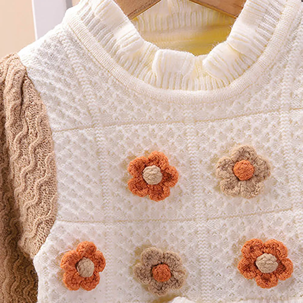 Little Surprise Box Brown & Cream Front Floral Jacket Patterned Knitted Frock Winterwear For Girls