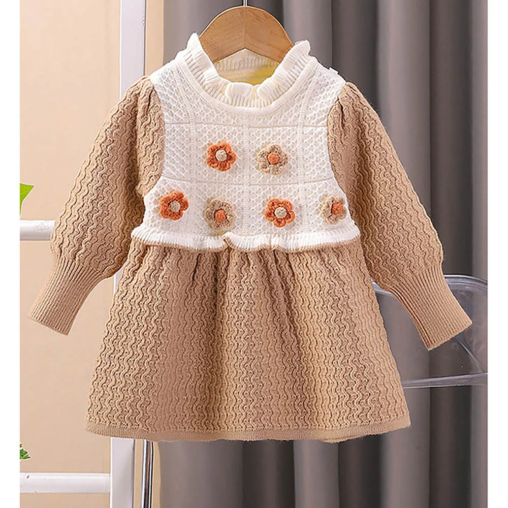 Little Surprise Box Brown & Cream Front Floral Jacket Patterned Knitted Frock Winterwear For Girls