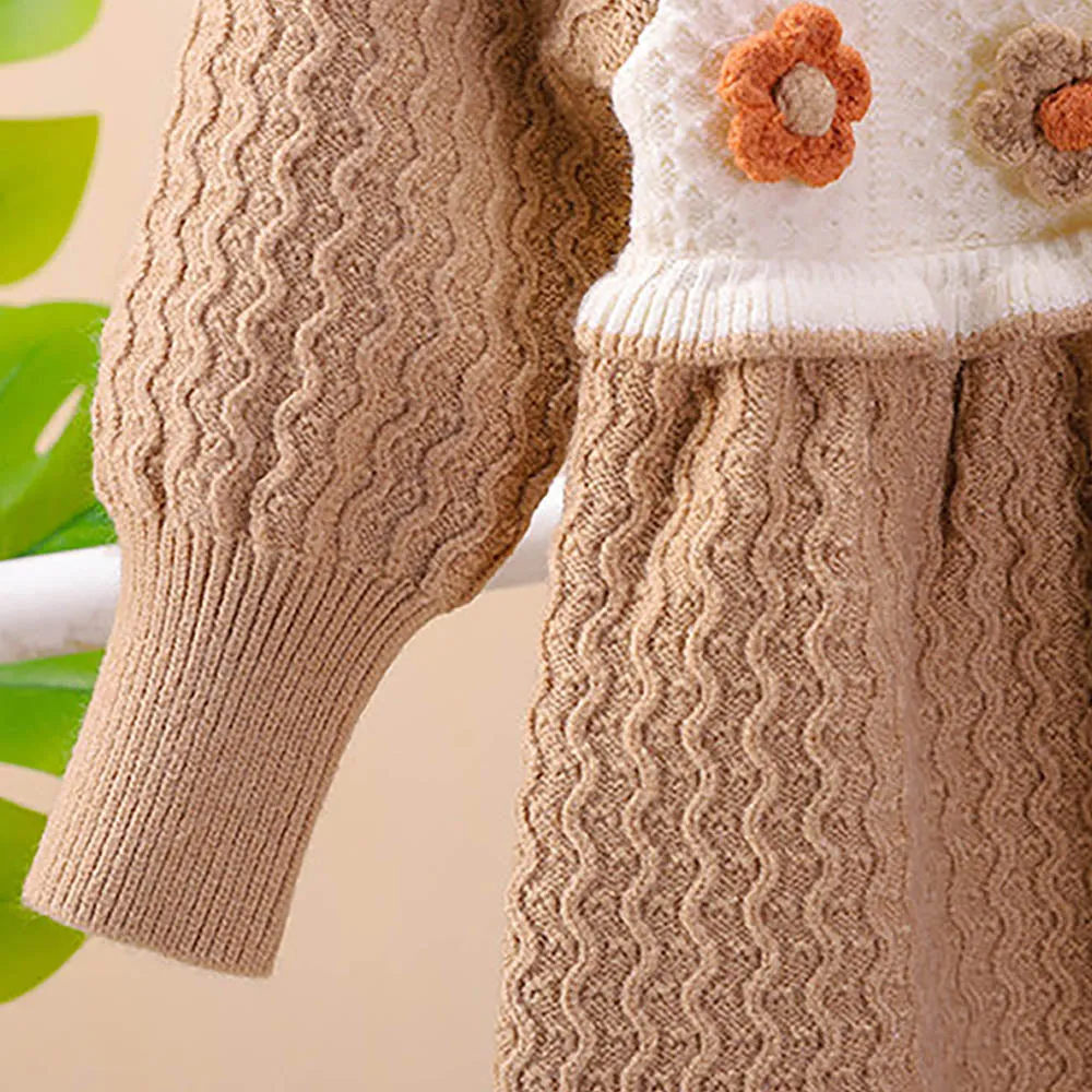 Little Surprise Box Brown & Cream Front Floral Jacket Patterned Knitted Frock Winterwear For Girls