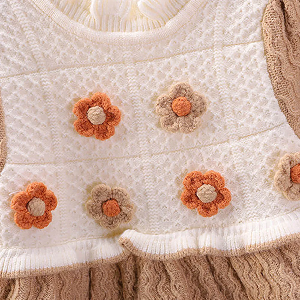 Little Surprise Box Brown & Cream Front Floral Jacket Patterned Knitted Frock Winterwear For Girls