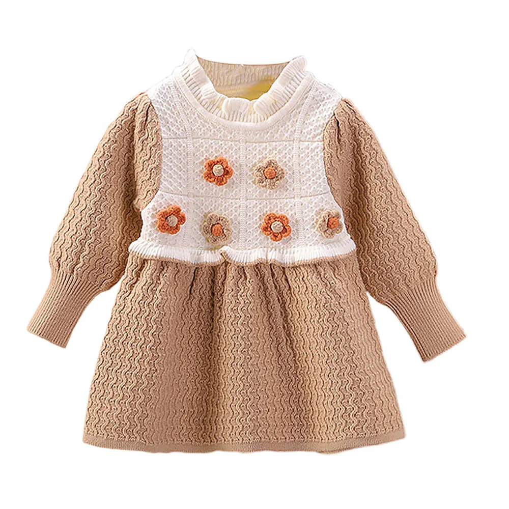 Little Surprise Box Brown & Cream Front Floral Jacket Patterned Knitted Frock Winterwear For Girls