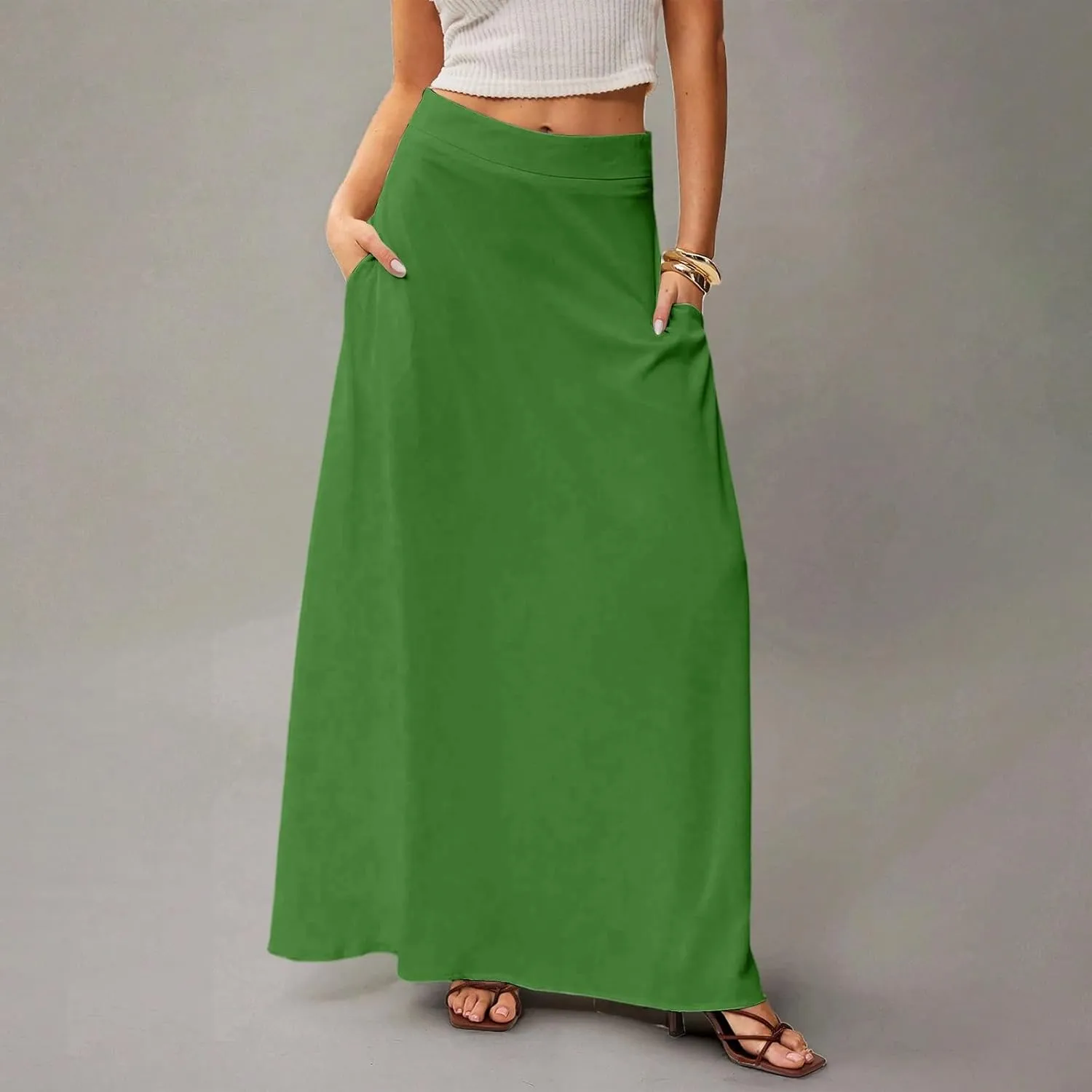 Long Maxi Skirts for Women Solid Color Pleated Flowy Swing A Line Skirt Beach Vacation Skorts with Pockets
