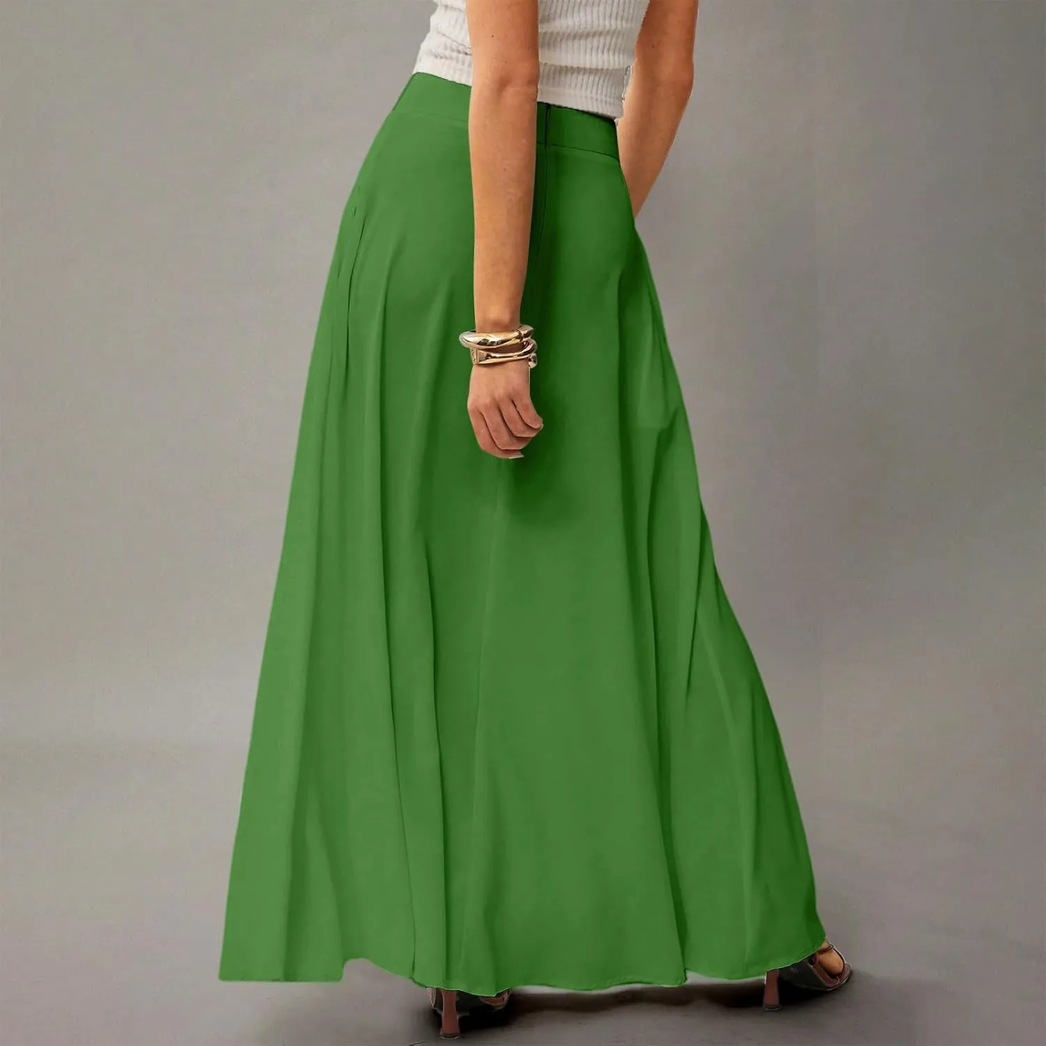 Long Maxi Skirts for Women Solid Color Pleated Flowy Swing A Line Skirt Beach Vacation Skorts with Pockets