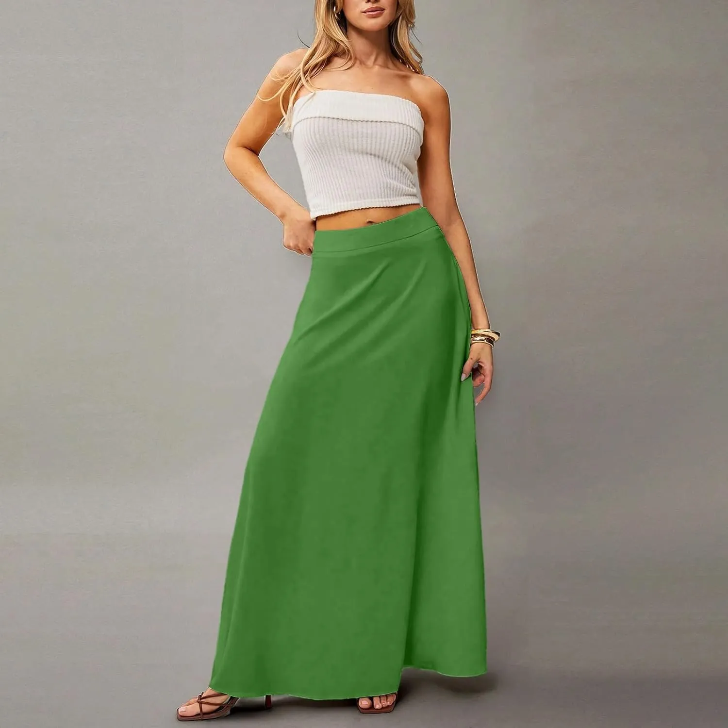 Long Maxi Skirts for Women Solid Color Pleated Flowy Swing A Line Skirt Beach Vacation Skorts with Pockets