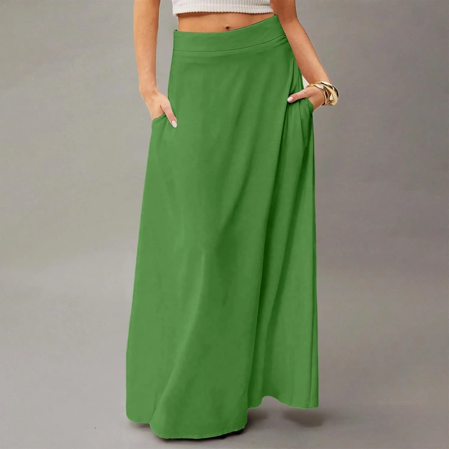 Long Maxi Skirts for Women Solid Color Pleated Flowy Swing A Line Skirt Beach Vacation Skorts with Pockets