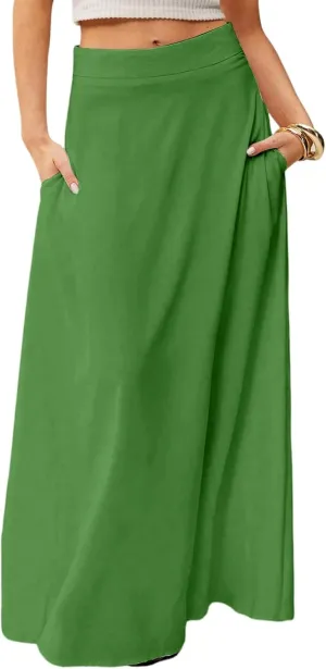 Long Maxi Skirts for Women Solid Color Pleated Flowy Swing A Line Skirt Beach Vacation Skorts with Pockets