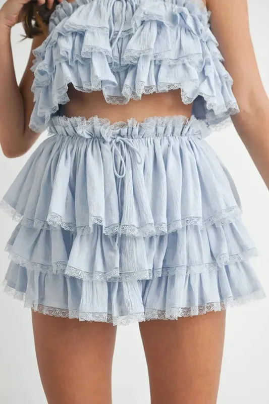 MABLE Ruffle Layered Crop Top and Mini Skirt Set In Lt Blue