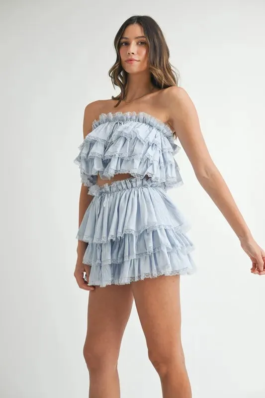 MABLE Ruffle Layered Crop Top and Mini Skirt Set In Lt Blue