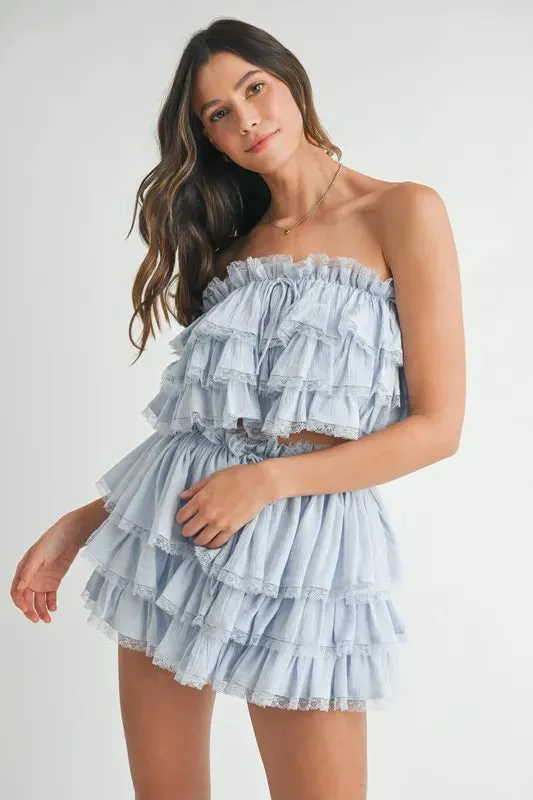 MABLE Ruffle Layered Crop Top and Mini Skirt Set In Lt Blue