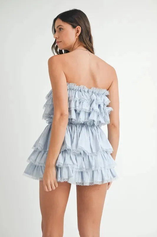MABLE Ruffle Layered Crop Top and Mini Skirt Set In Lt Blue