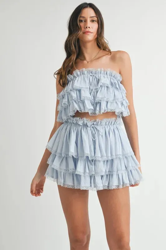 MABLE Ruffle Layered Crop Top and Mini Skirt Set In Lt Blue
