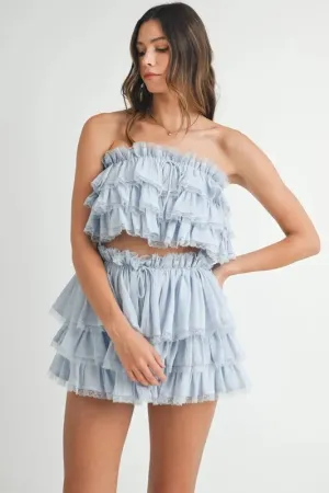 MABLE Ruffle Layered Crop Top and Mini Skirt Set In Lt Blue