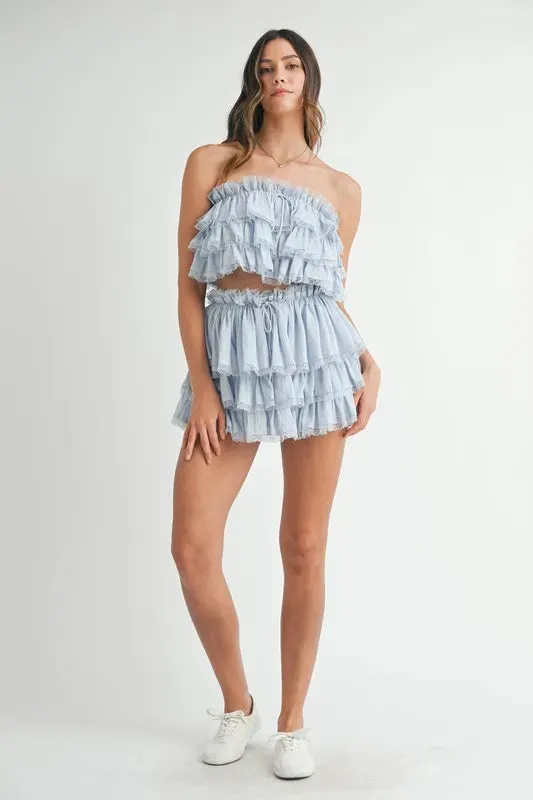 MABLE Ruffle Layered Crop Top and Mini Skirt Set In Lt Blue