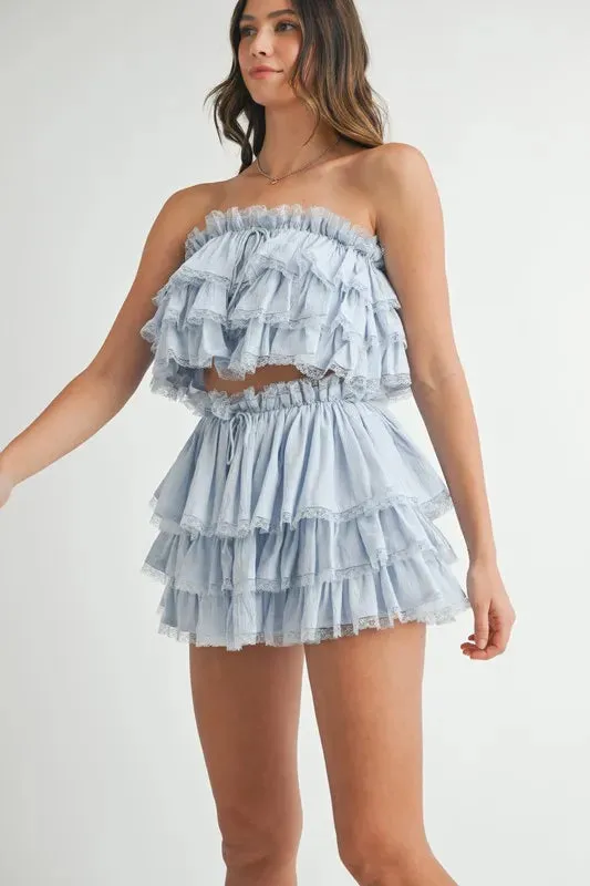 MABLE Ruffle Layered Crop Top and Mini Skirt Set In Lt Blue