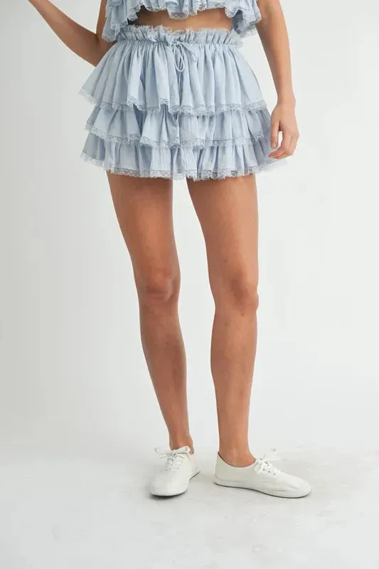 MABLE Ruffle Layered Crop Top and Mini Skirt Set In Lt Blue