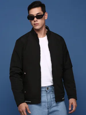 Men Black Windcheater Longline Bomber with Patchwork Jacket