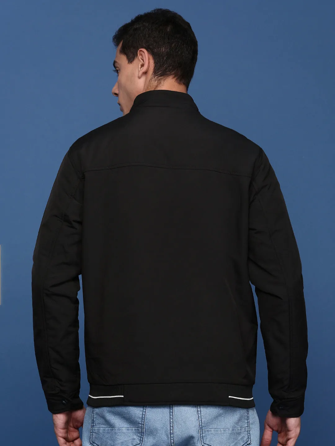 Men Black Windcheater Longline Bomber with Patchwork Jacket