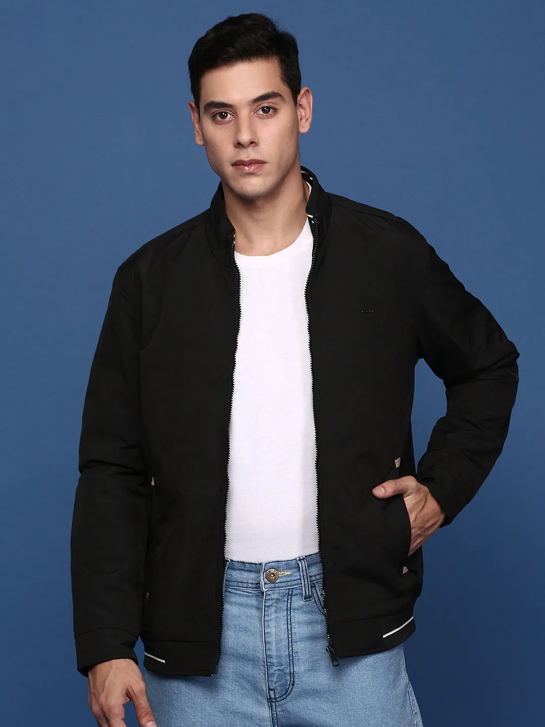 Men Black Windcheater Longline Bomber with Patchwork Jacket