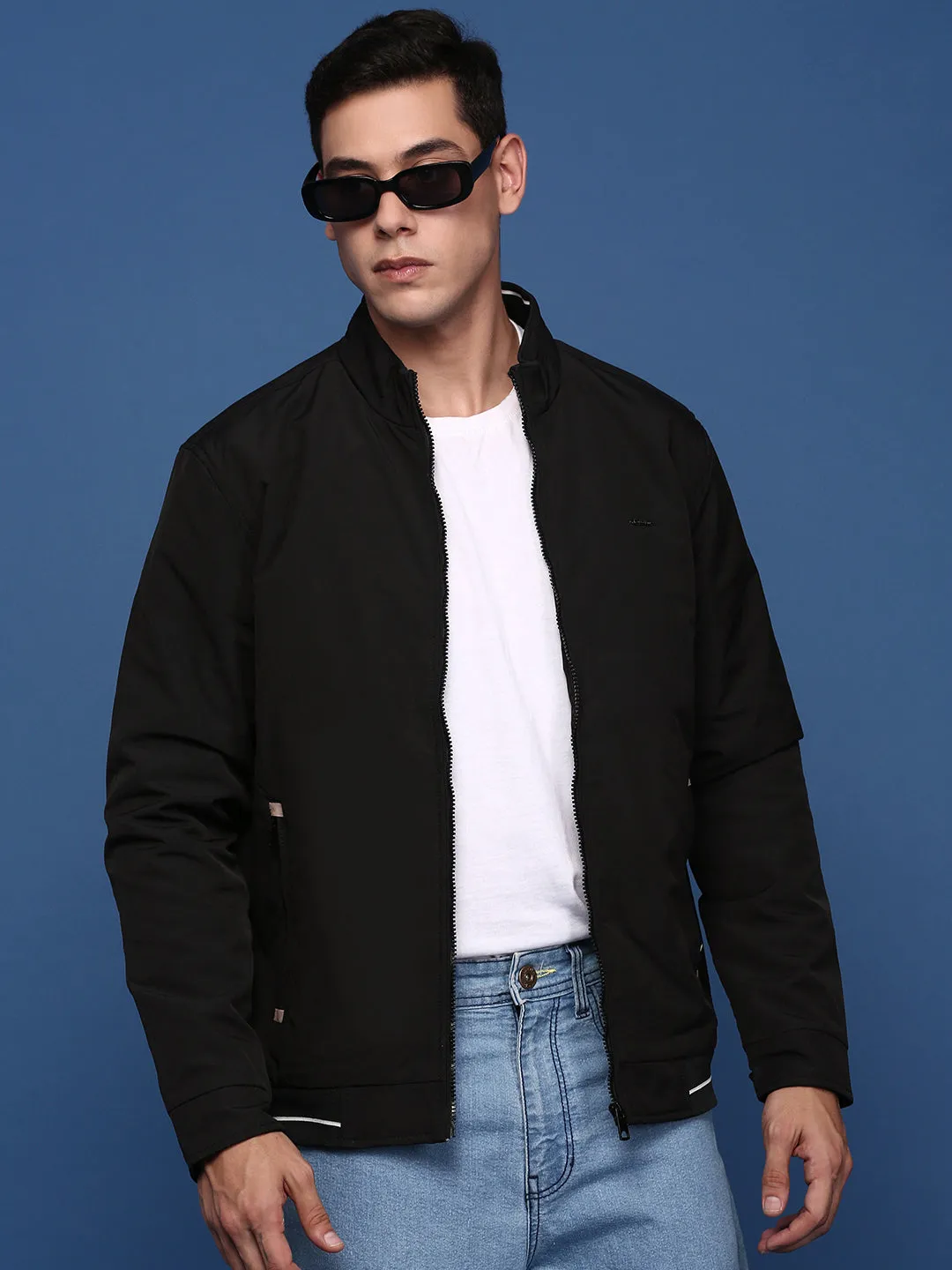 Men Black Windcheater Longline Bomber with Patchwork Jacket