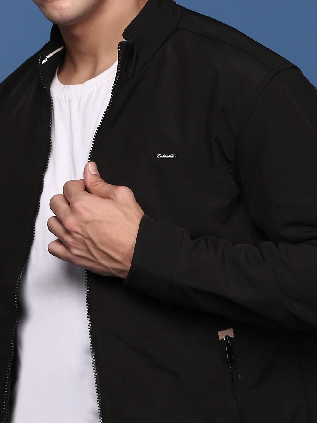 Men Black Windcheater Longline Bomber with Patchwork Jacket