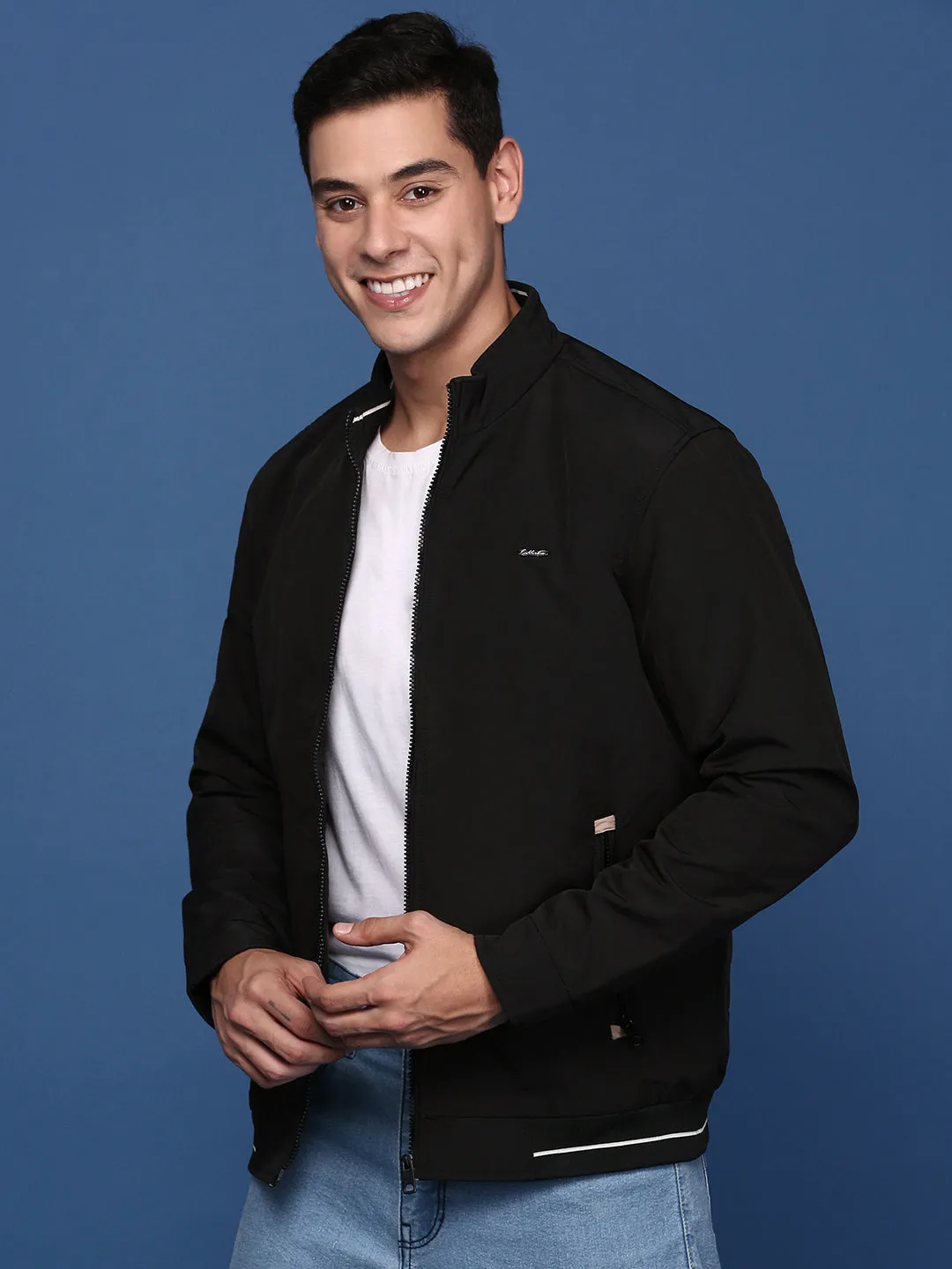 Men Black Windcheater Longline Bomber with Patchwork Jacket