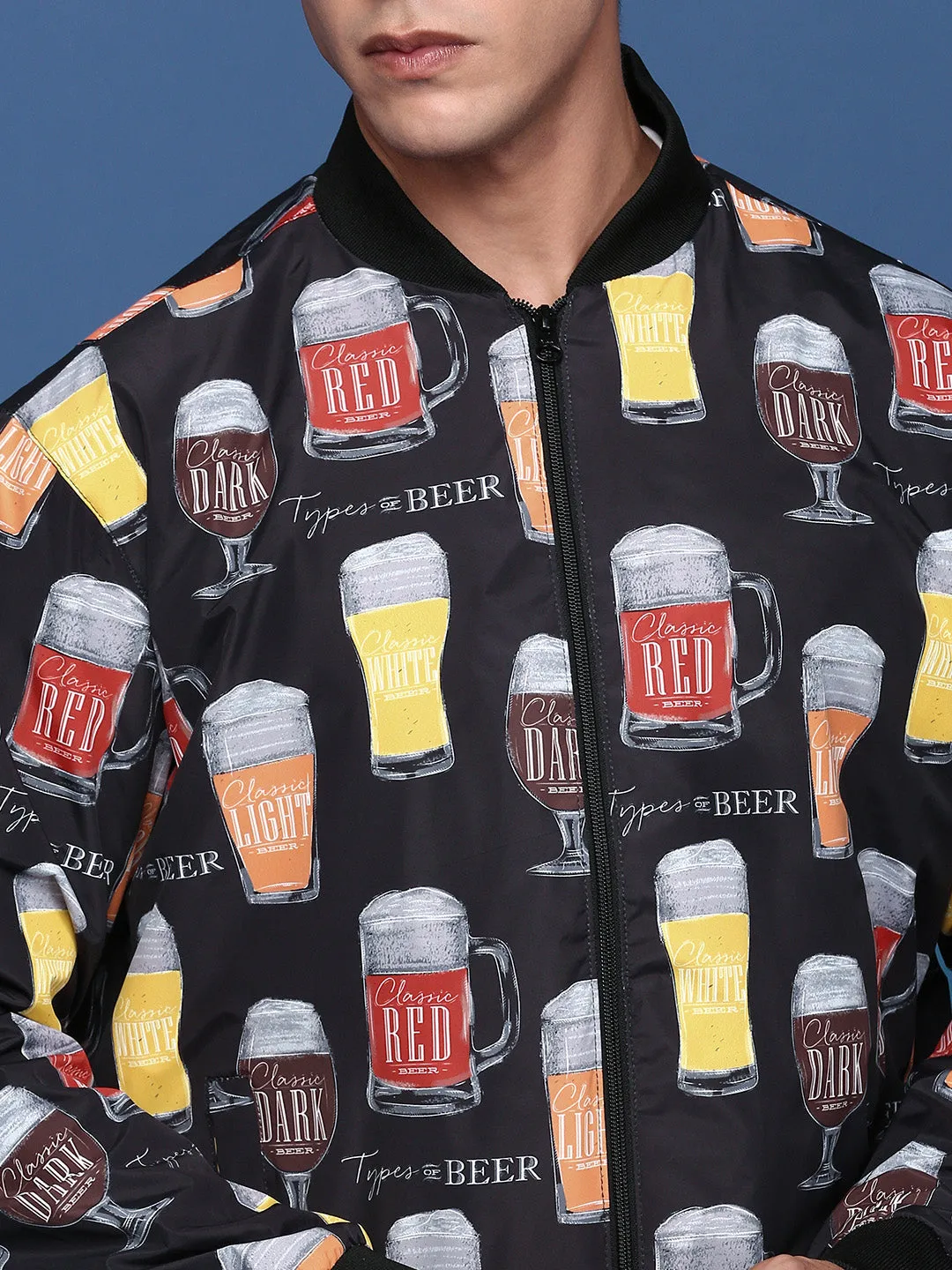 Men Black Windcheater Mandarin Collar Printed Bomber with Patchwork Jacket