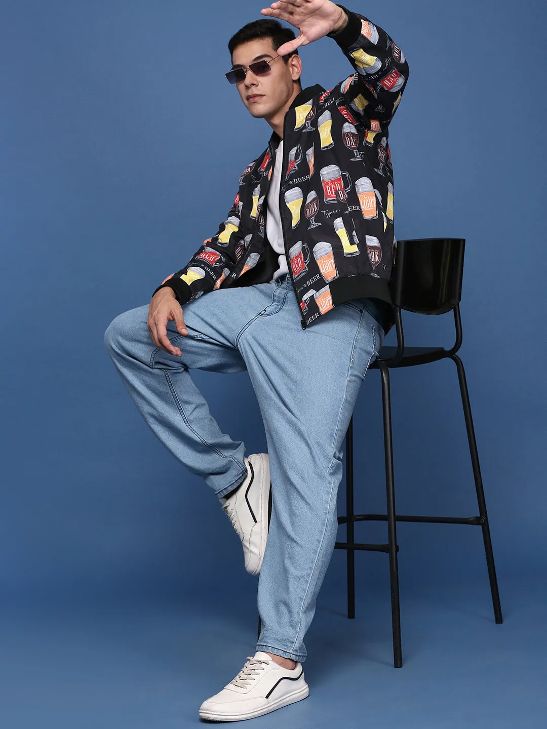 Men Black Windcheater Mandarin Collar Printed Bomber with Patchwork Jacket