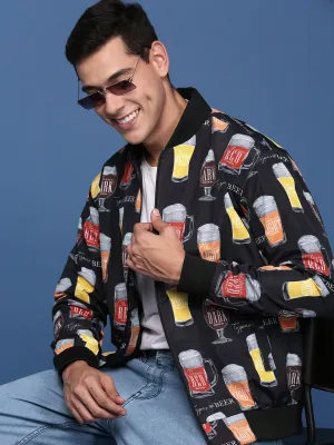 Men Black Windcheater Mandarin Collar Printed Bomber with Patchwork Jacket